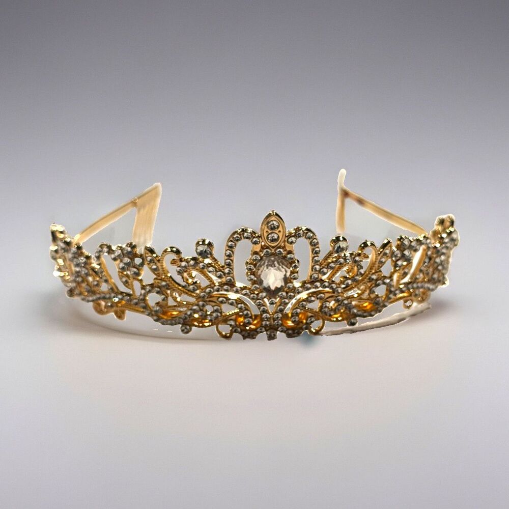 Gold Tone Rhinestone Princess Tiara Crown Headband w/ Comb Ends, One Size
